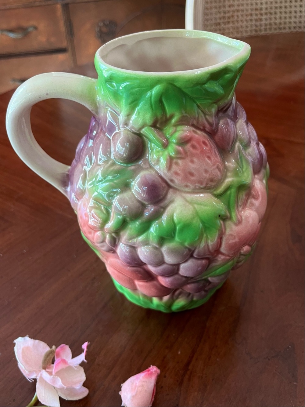 French Majolica Fruit Pitcher Salins-les-Bains Grape & Strawberry Barbotine Jug